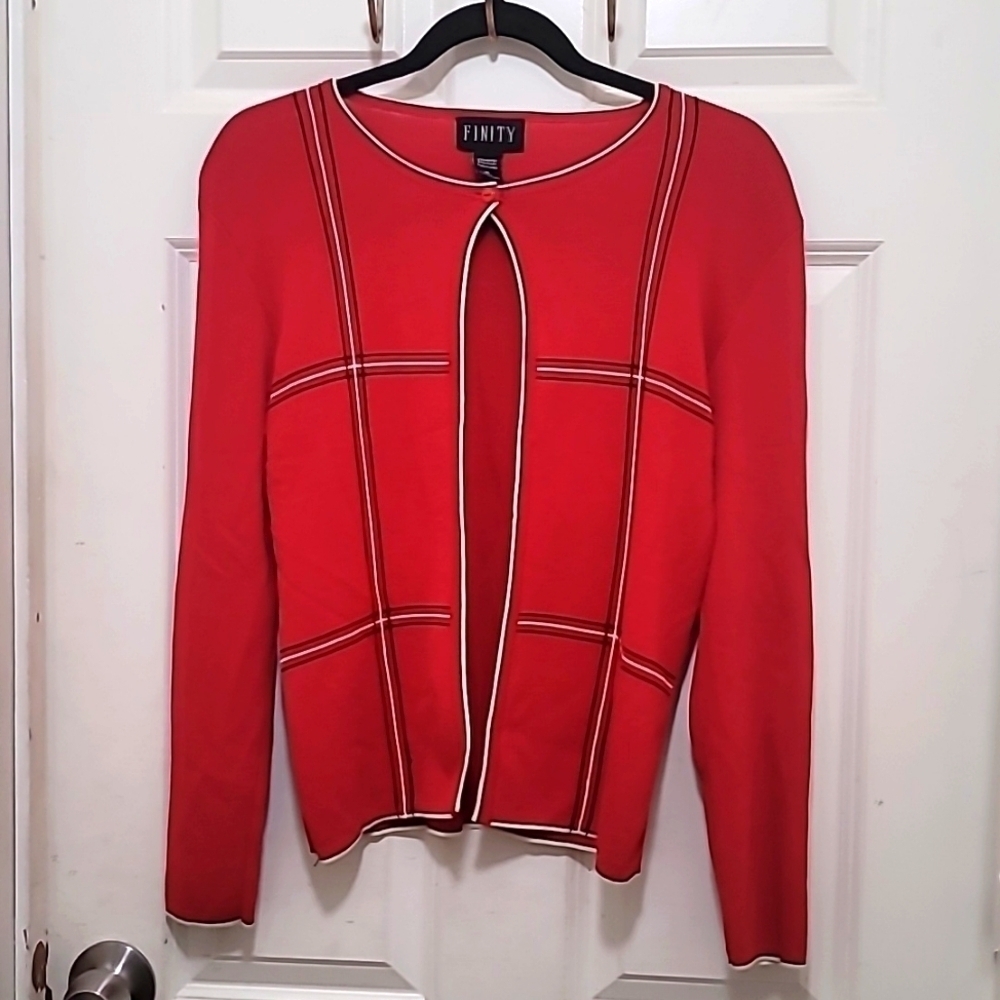 FINITY‎ WOMEN'S RED AND BLACK STRETCH KNIT SWEATER CARDIGAN SIZE XL